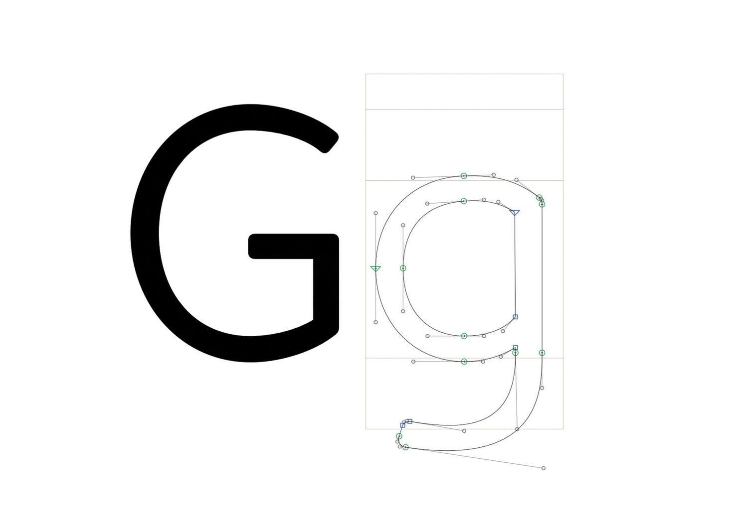 Character "G" upper and lowercase design in Glyphs