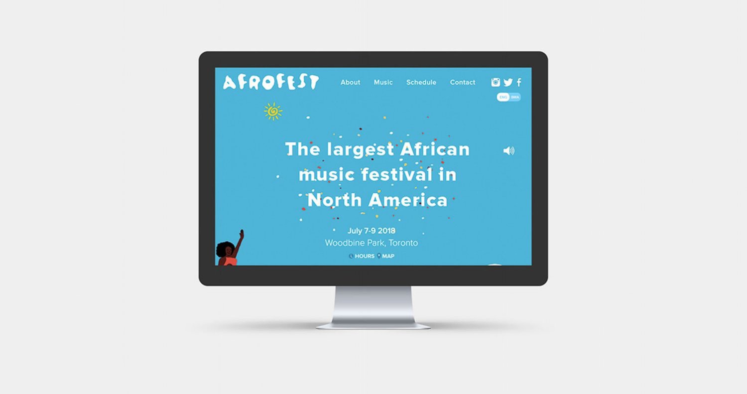 Afrofest web design, long-scrolling home page with toggle from English to Swahili