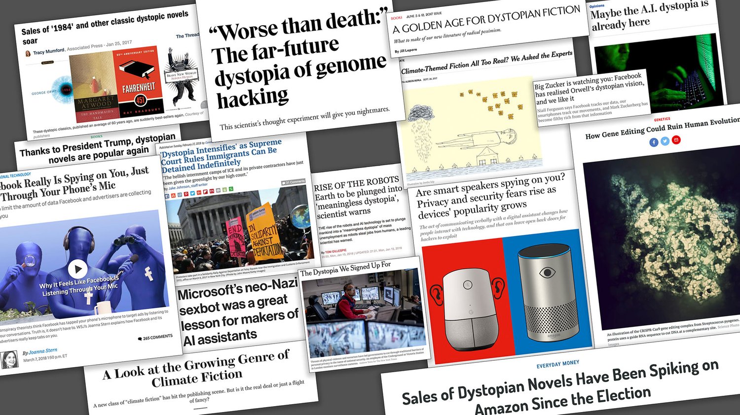 Various examples of discussion of dystopia in the media.