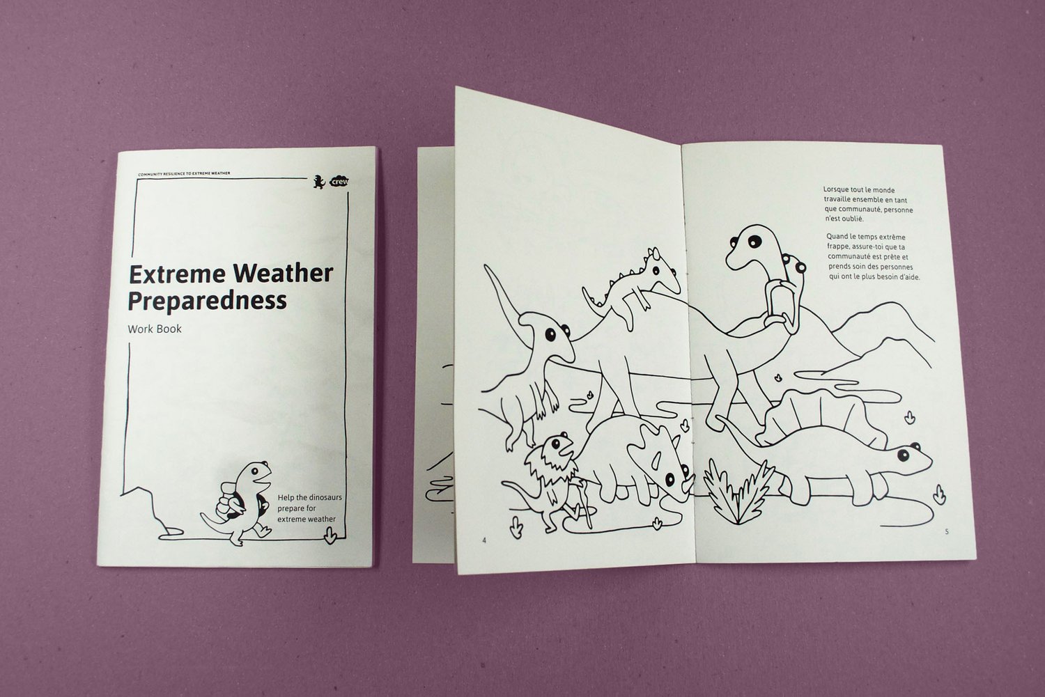 Front cover and spread of colouring booklet with dinosaurs migrating together