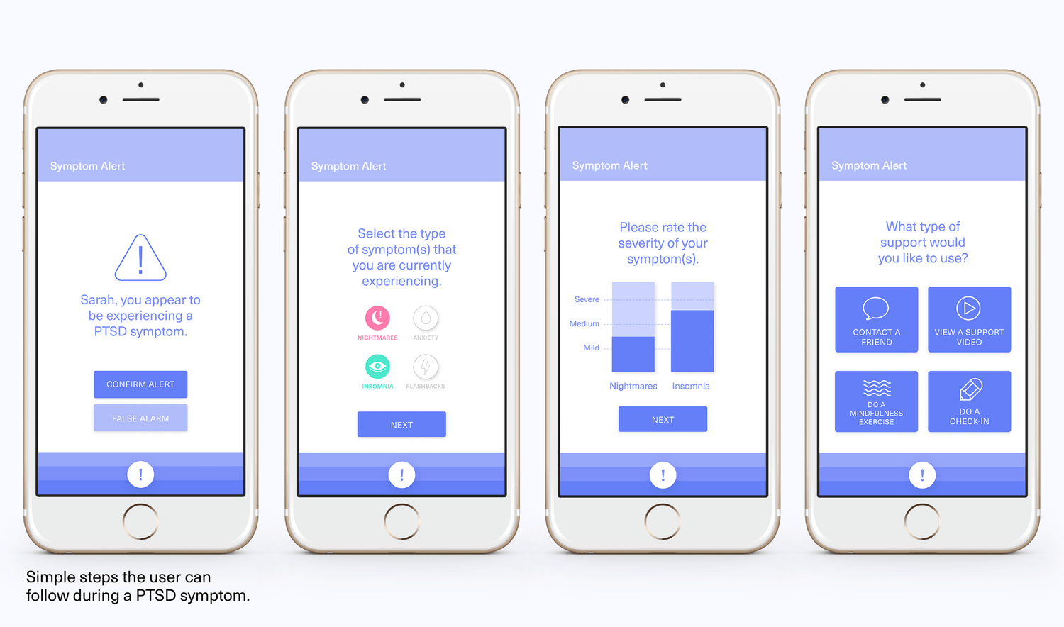 A selection of screens from the symptom management flow